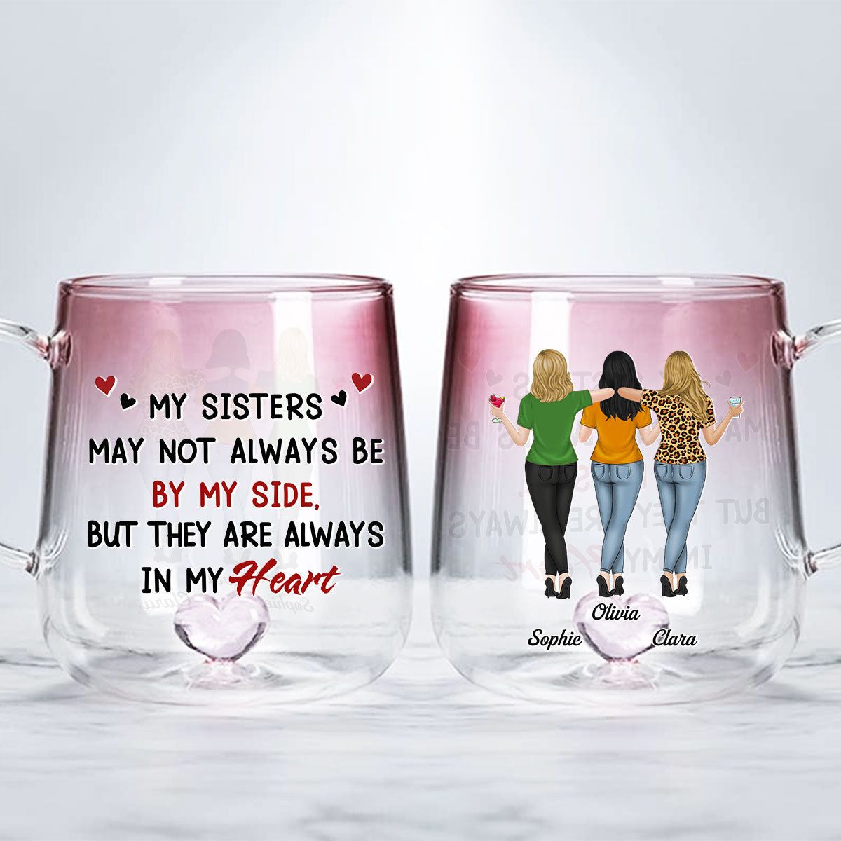 Sisters By Heart Not Distance - Personalized Custom Pink Gradient Glass Mug