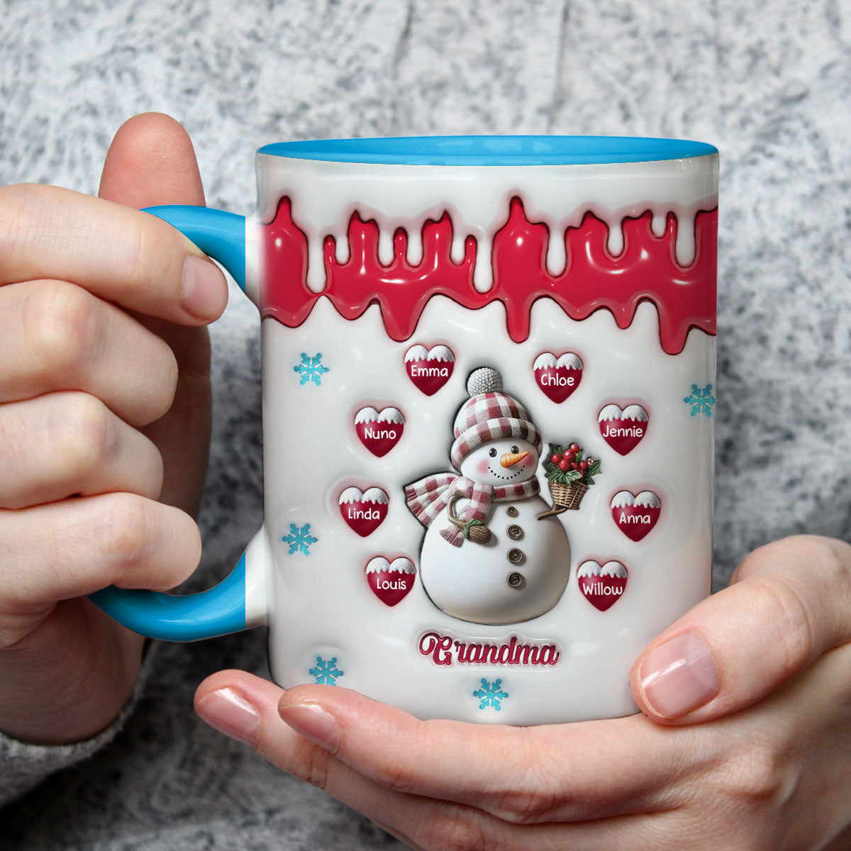 Snowman Grandma And Grandkids - Personalized Custom 3D Inflated Effect Accent Mug