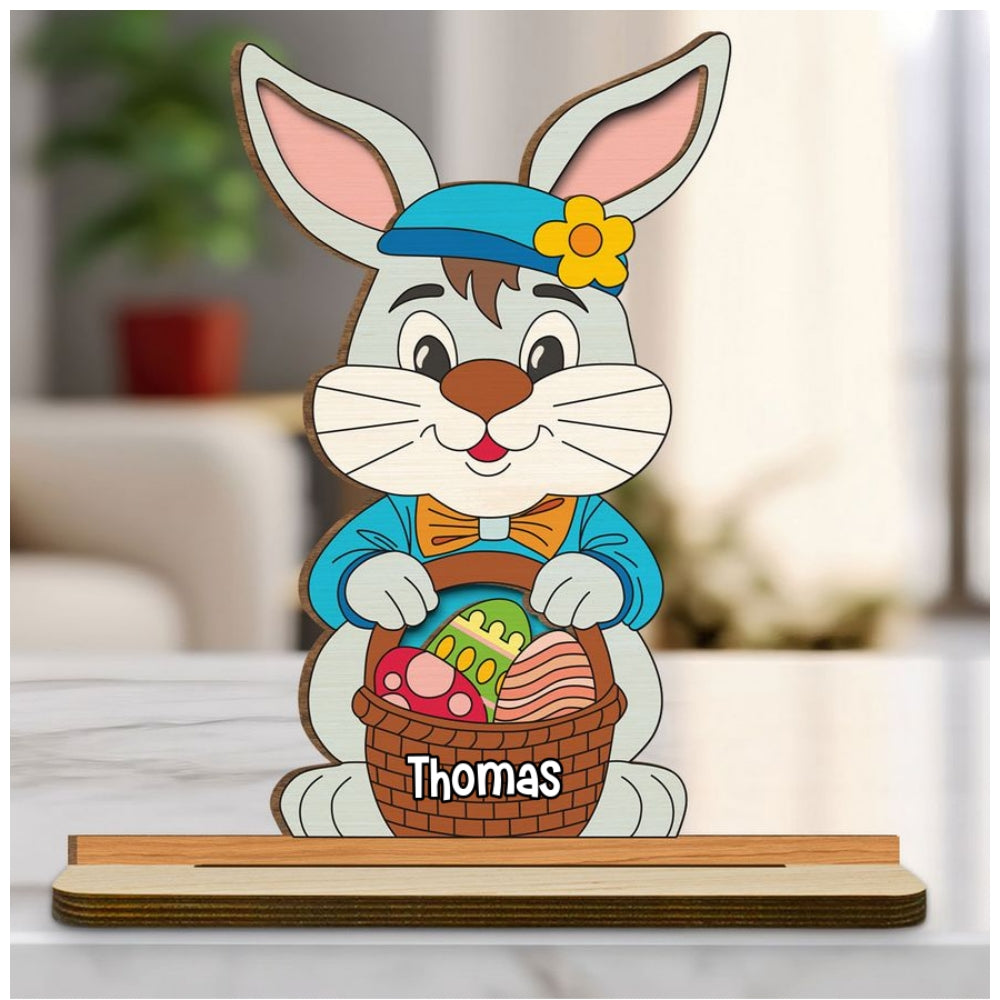 Spring Bunny Surprise - Personalized Custom 2-Layer Wood Plaque With Flat Base