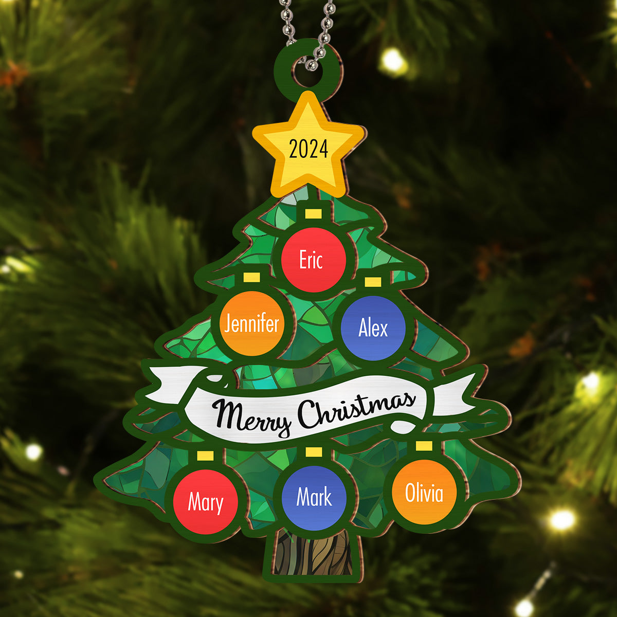 Christmas Tree Family Name - Personalized Custom Suncatcher Ornament