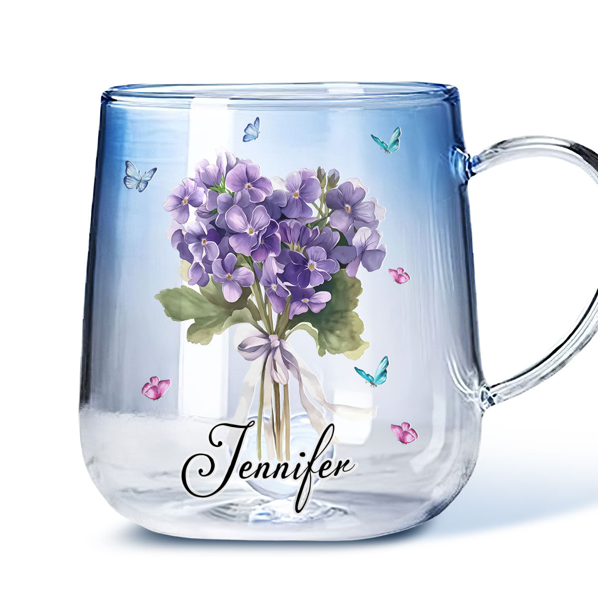 Birthmonth Flower With Name - Personalized Custom Blue Gradient Glass Mug