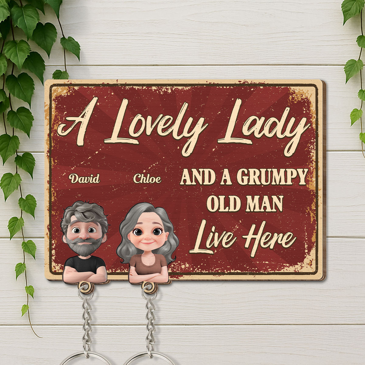 A Lovely Lady And A Grumpy Man - Personalized Custom Wooden Key Holder With Keychain