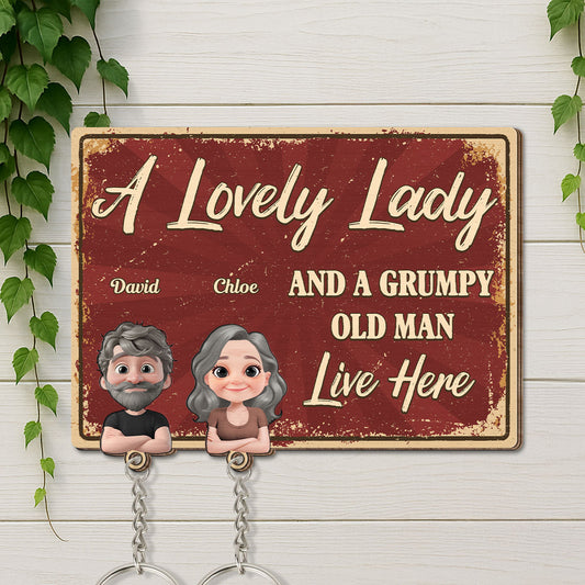 A Lovely Lady And A Grumpy Man - Personalized Custom Wooden Key Holder With Keychain