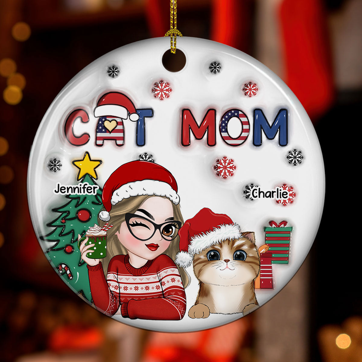 American Cat Mom Christmas - Personalized Custom 3D Inflated Effect Ceramic Ornament