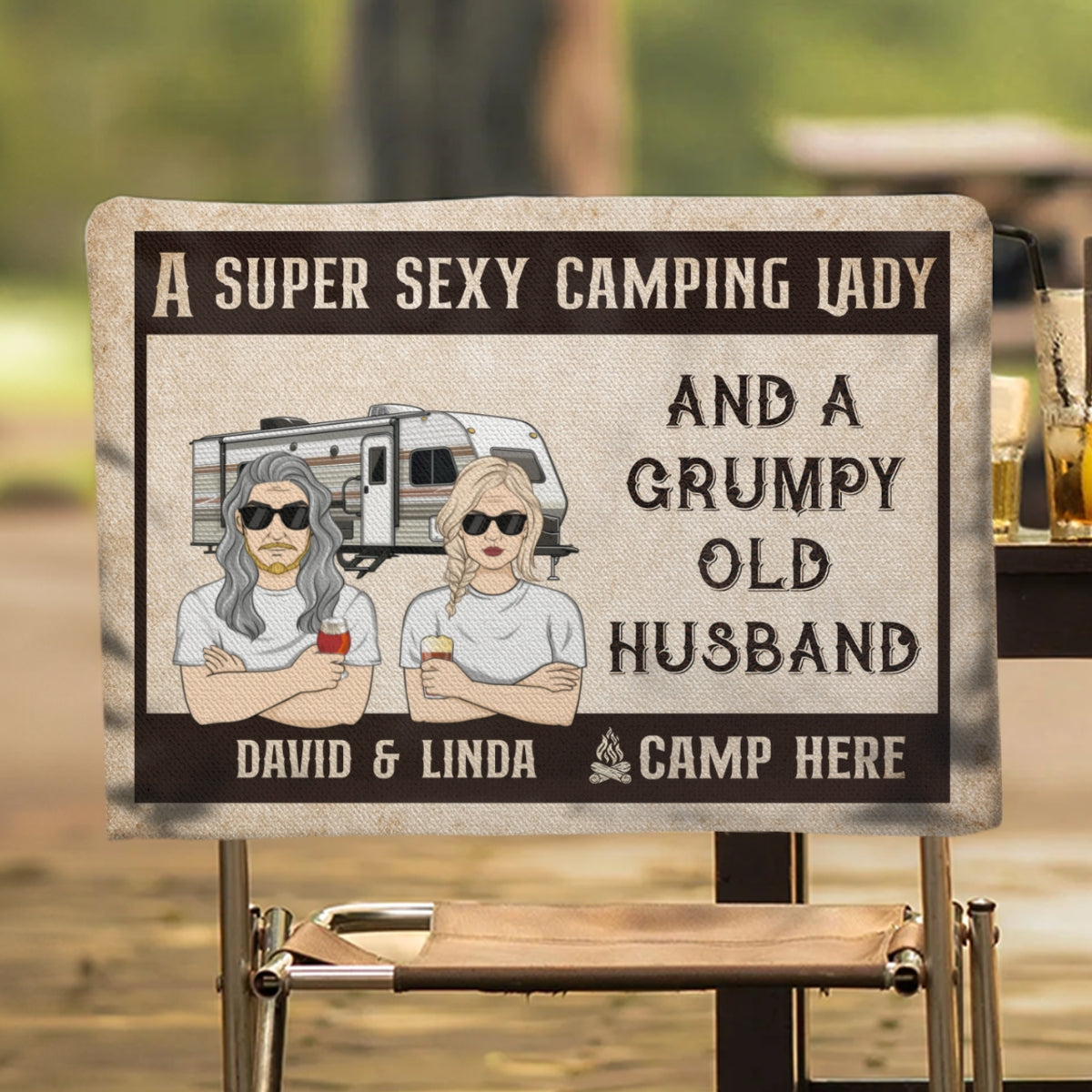 Sexy Camping Lady And Grumpy Old Husband - Personalized Custom Camping Chair Cover