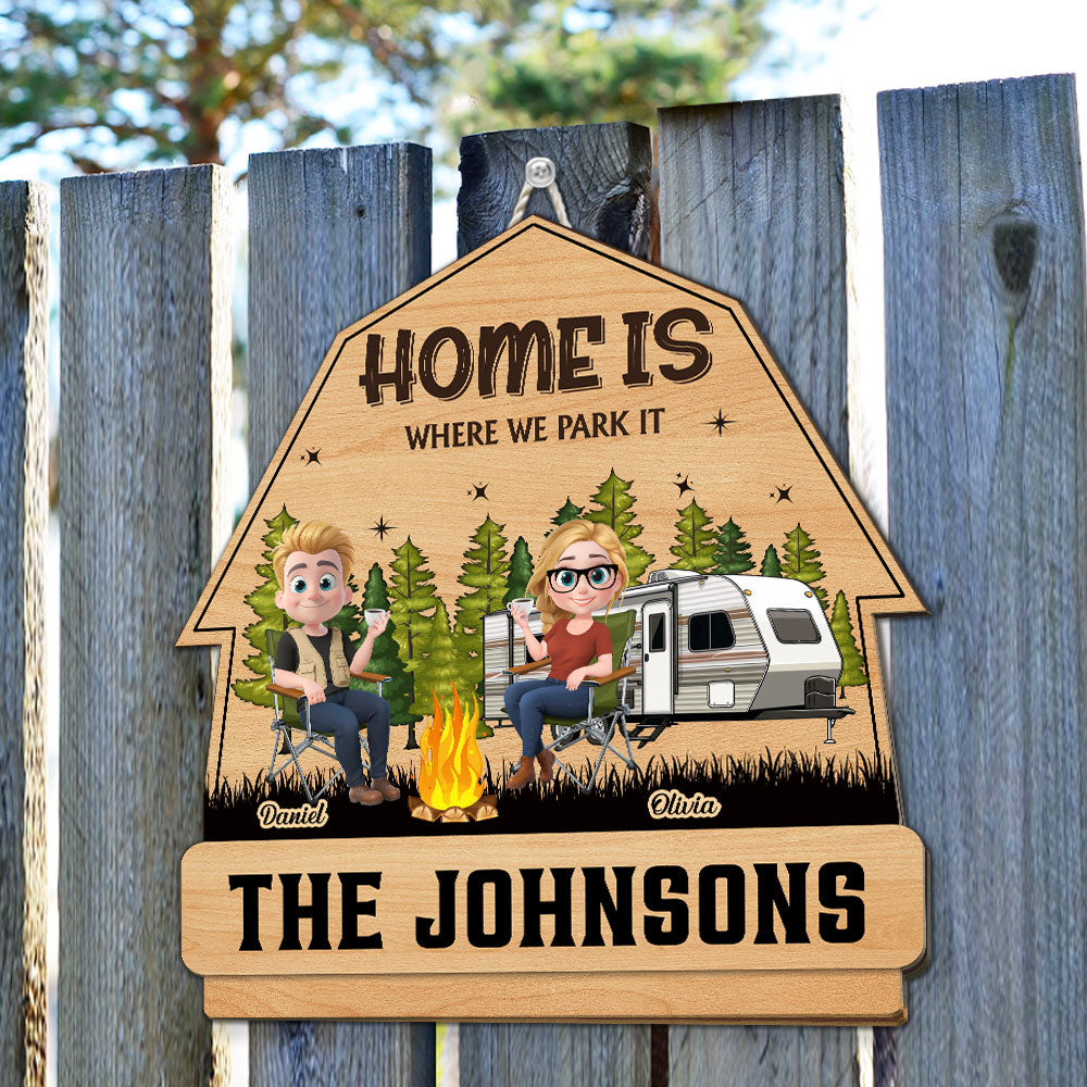 Husband And Wife Camping Partners For Life Cartoonize - Personalized Custom Wood Sign