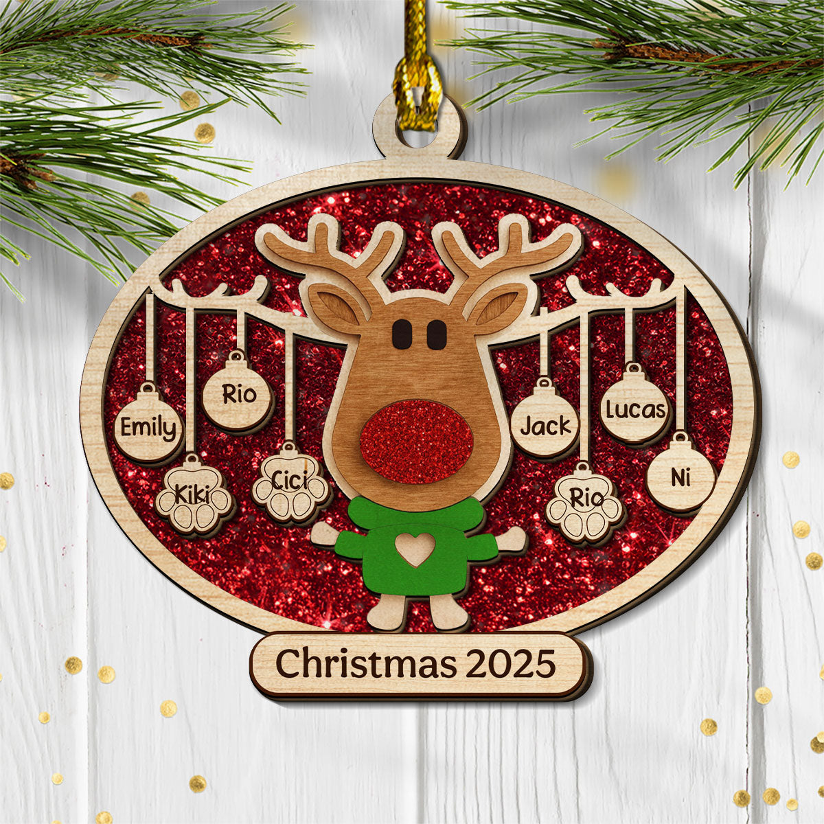 Christmas Reindeer Family Forever - Personalized Custom 2-layered Wood Ornament