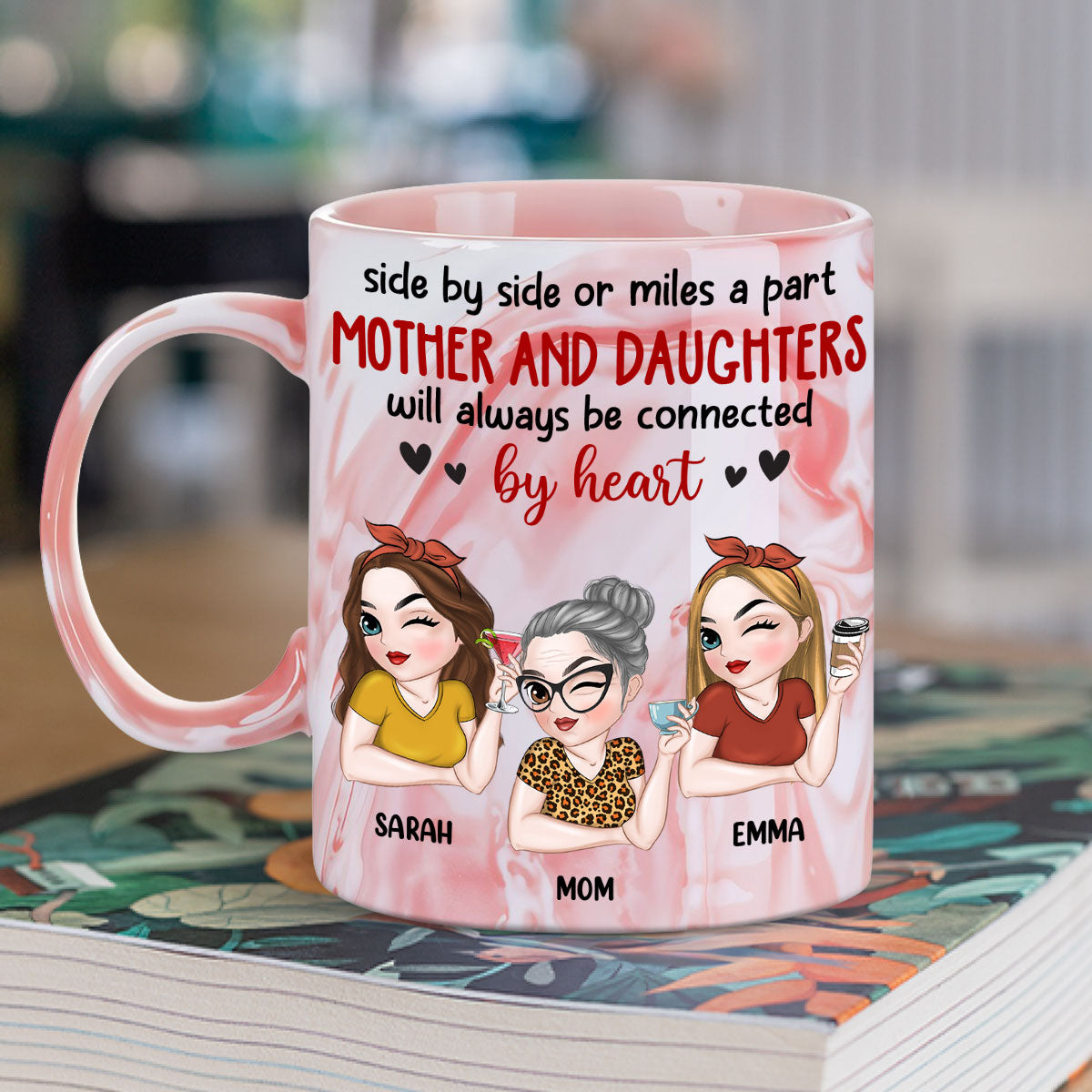 Will Always Be Connected By Heart - Personalized Custom Pink Marble Mug