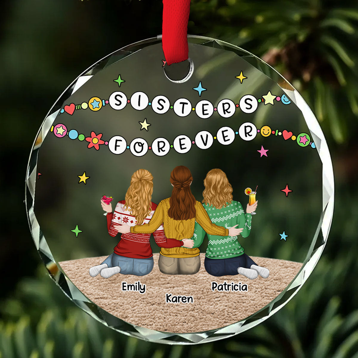 Sisters Sitting Colorful - Personalized Custom Glass Ornament