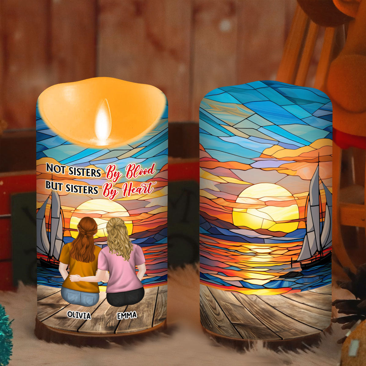 Not Sisters By Blood But Sisters By Heart - Personalized Custom LED Candle