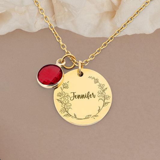 Custom Name Circle Flower - Personalized Custom Birthstone Necklace