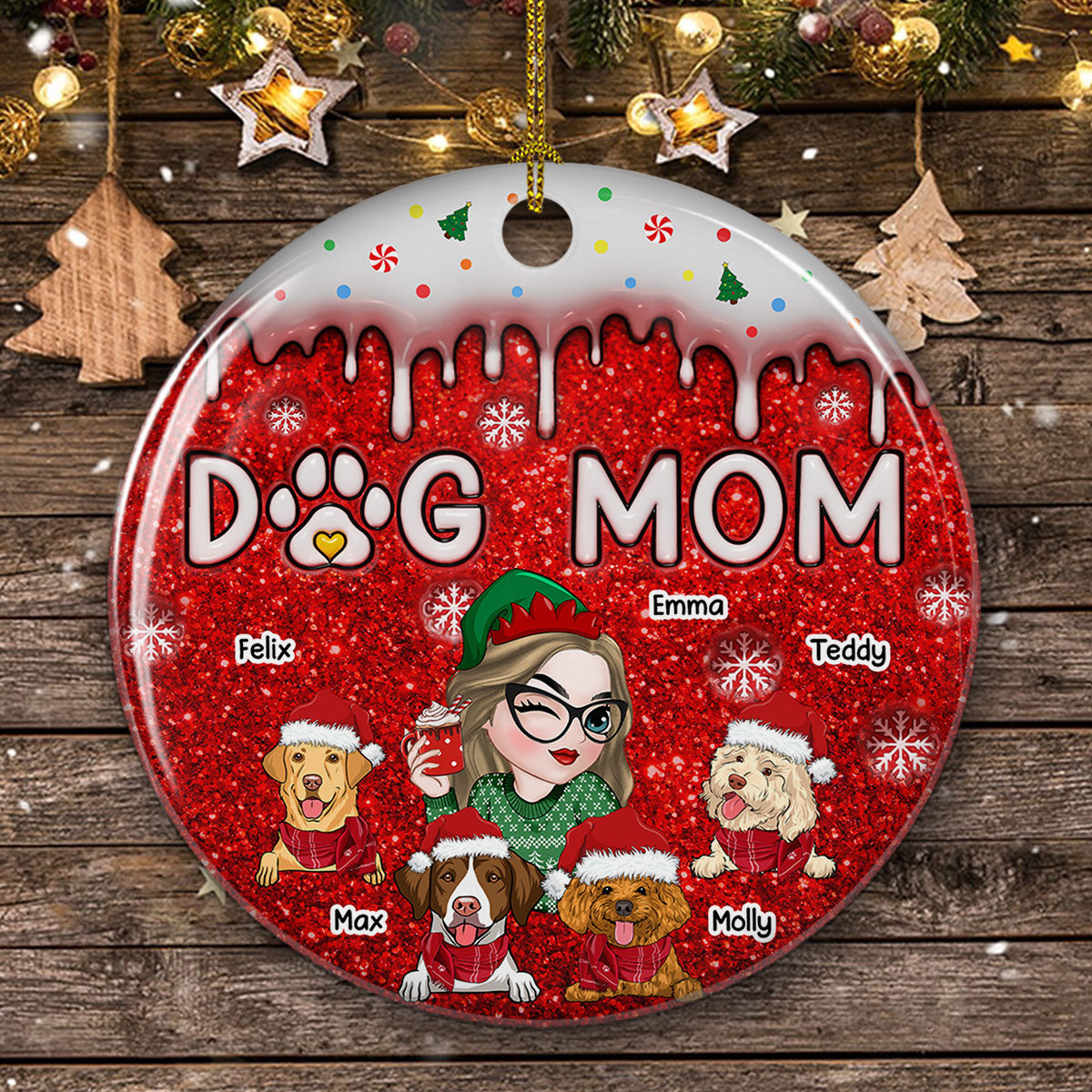 Christmas Dog Mom - Personalized Custom 3D Inflated Effect Ceramic Ornament