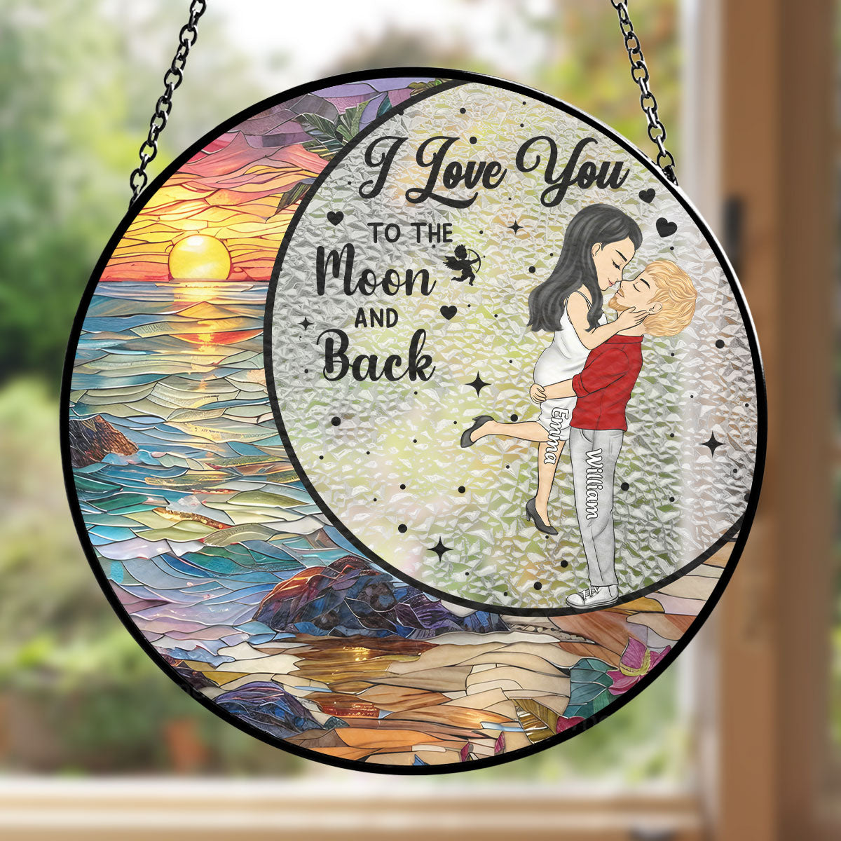Love You To The Moon And Back - Personalized Custom Stained Glass Window Hanging Suncatcher