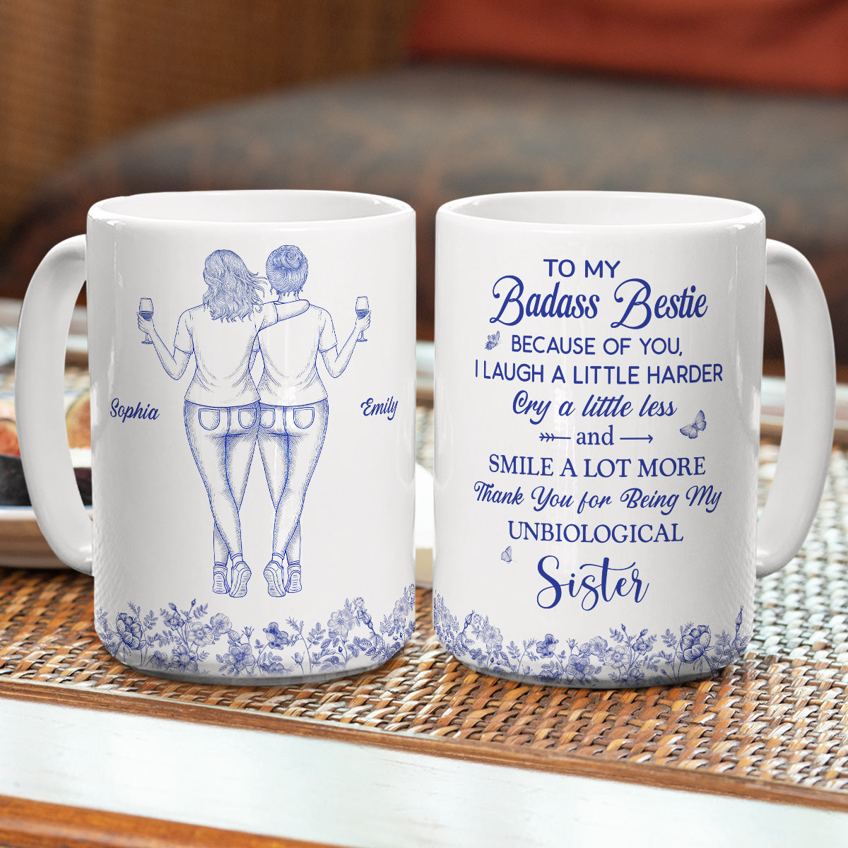 Thank You for Being My Sister Flower Toile Ver 2 - Personalized Custom Coffee Mug