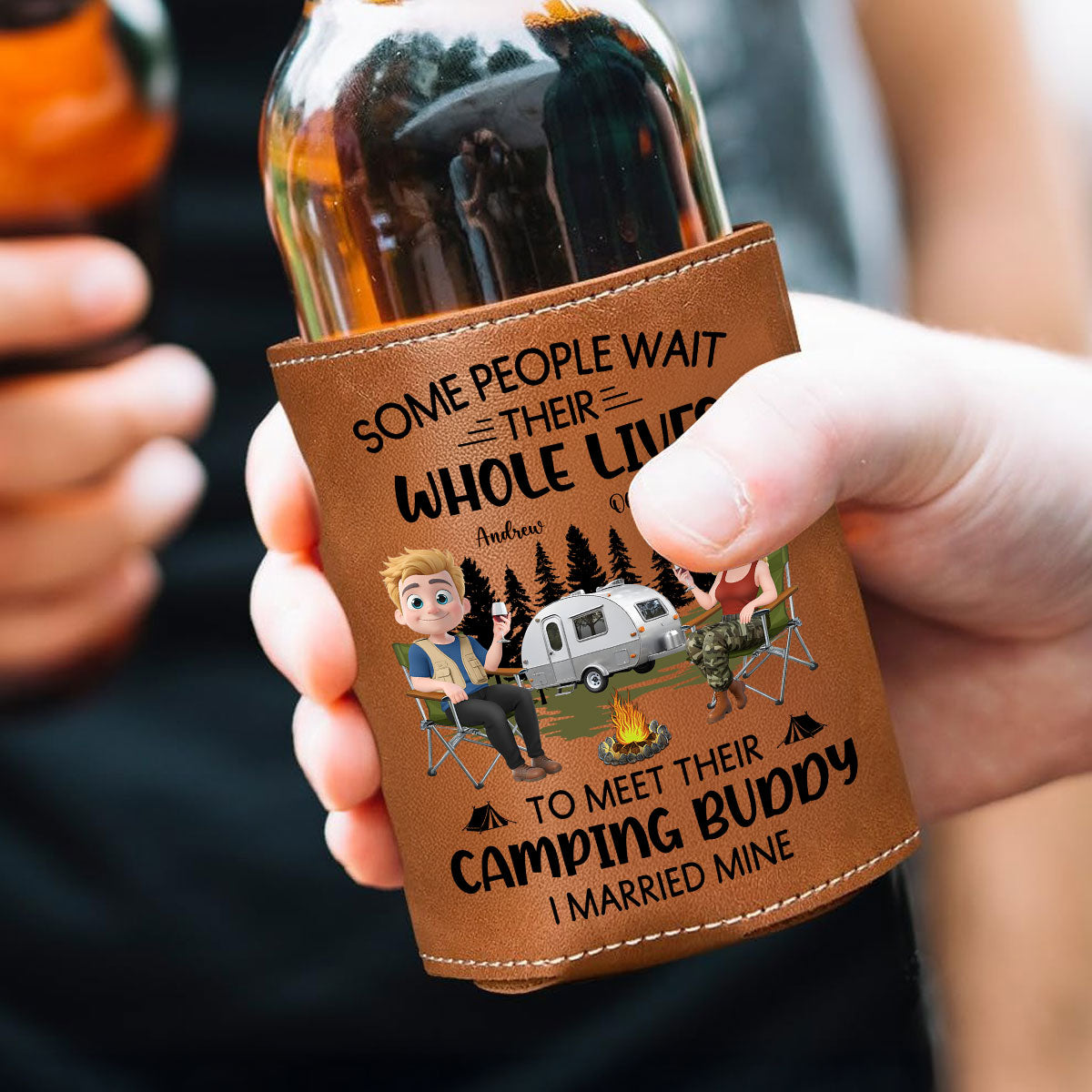 Sharing Every Campfire Night - Personalized Custom Leather Can Cooler Holder