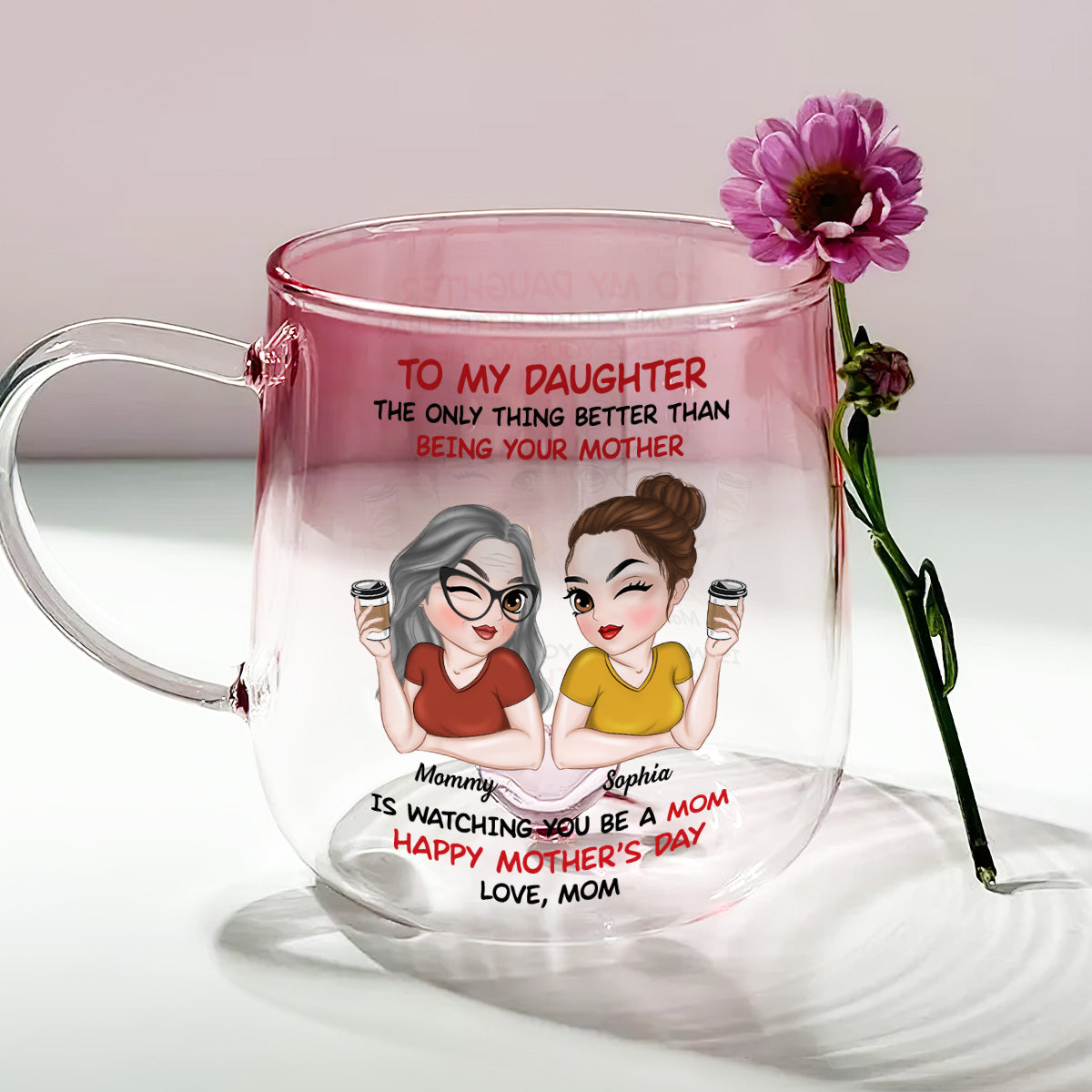 To My Daughter Happy Mother Day - Personalized Custom Pink Gradient Glass Mug