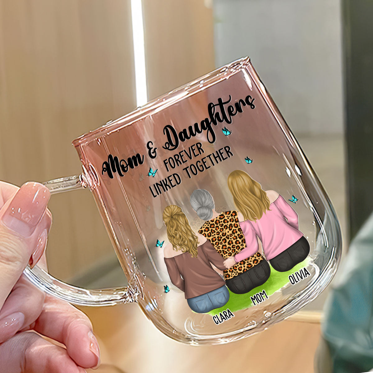 Mom And Daughter Connected by Love - Personalized Custom Pink Gradient Glass Mug