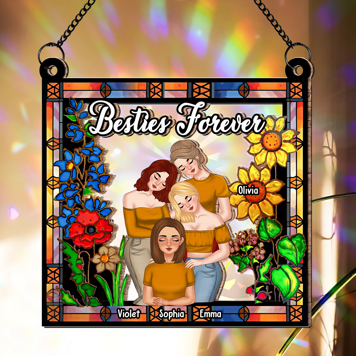 Besties Forever Floral Style - Personalized Custom Rainbow Suncatcher