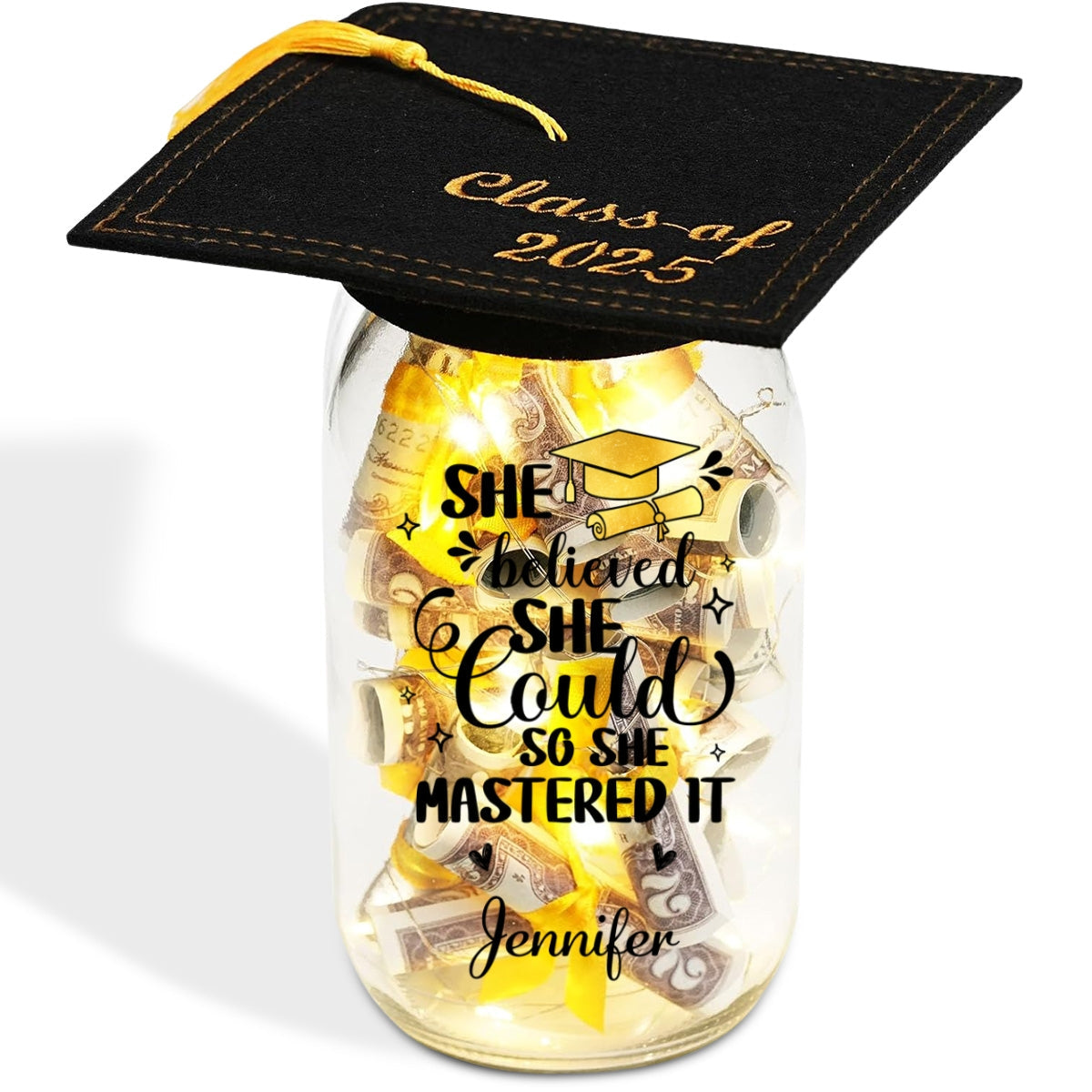 She Mastered It - Personalized Custom Graduation Mason Jar Light