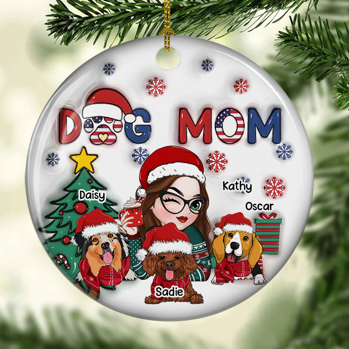 American Dog Mom Christmas - Personalized Custom 3D Inflated Effect Ceramic Ornament