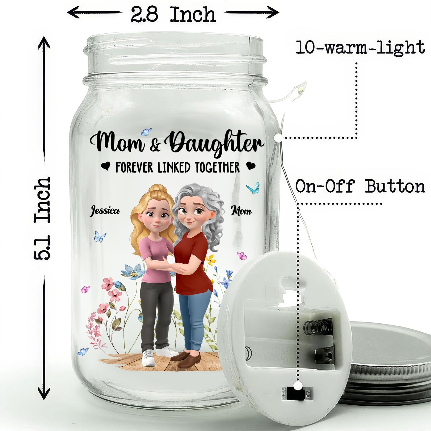 Mom And Daughter Forever Linked Together - Personalized Custom Mason Jar Light