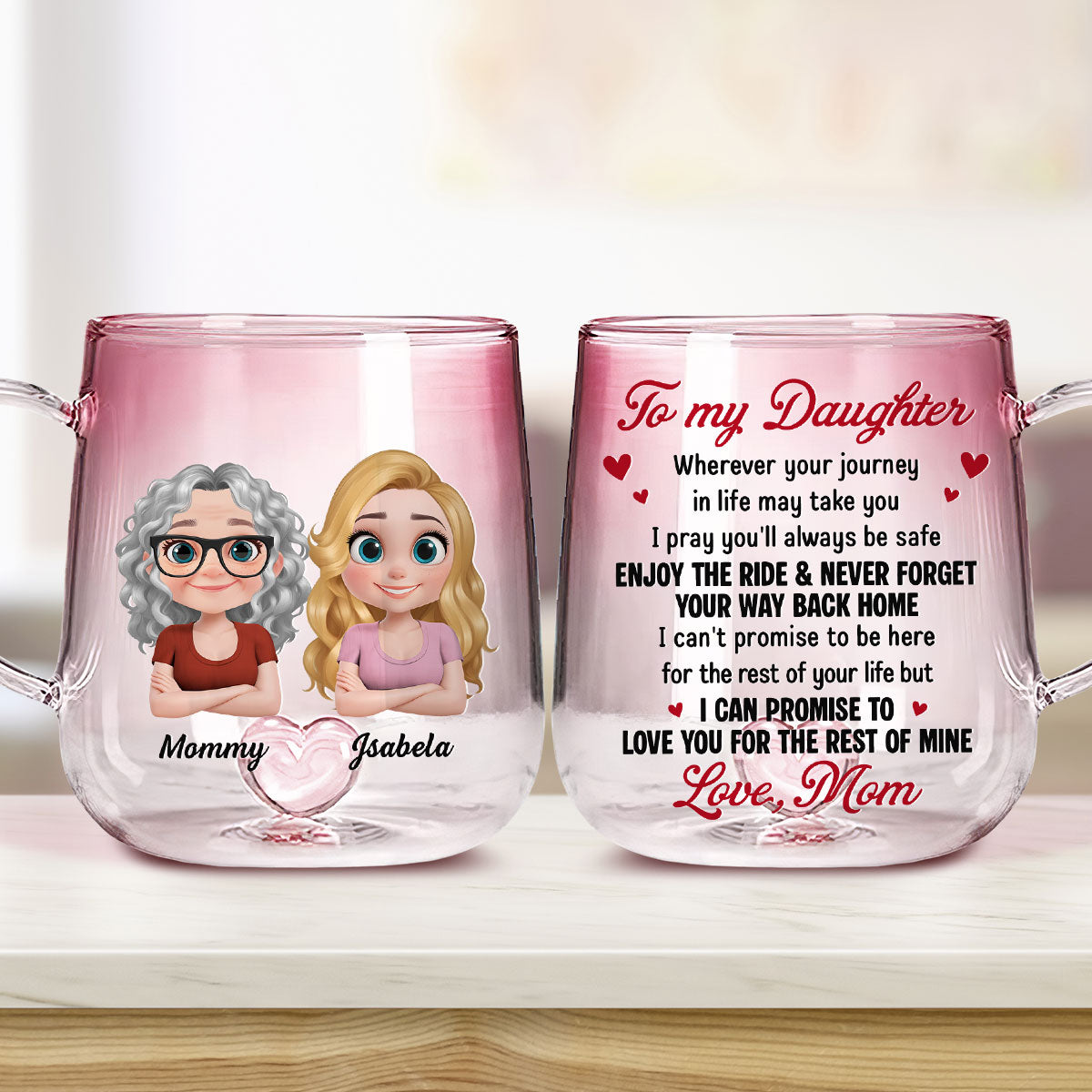 Mom To Daughter Enjoy The Ride - Personalized Custom Pink Gradient Glass Mug
