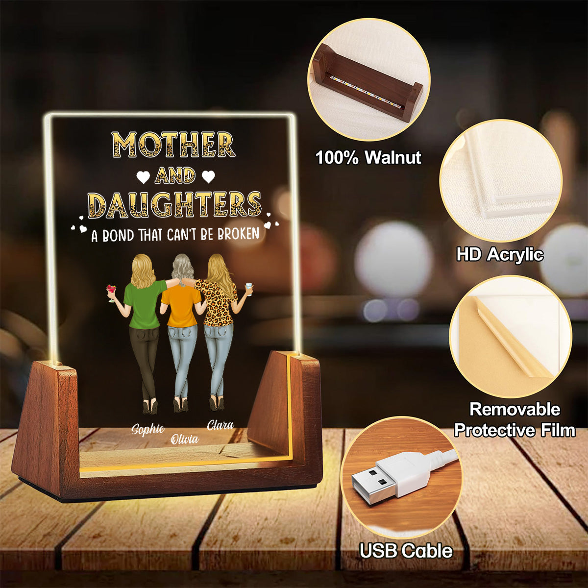 Mother And Daughters - Personalized Custom Plaque With Walnut Base