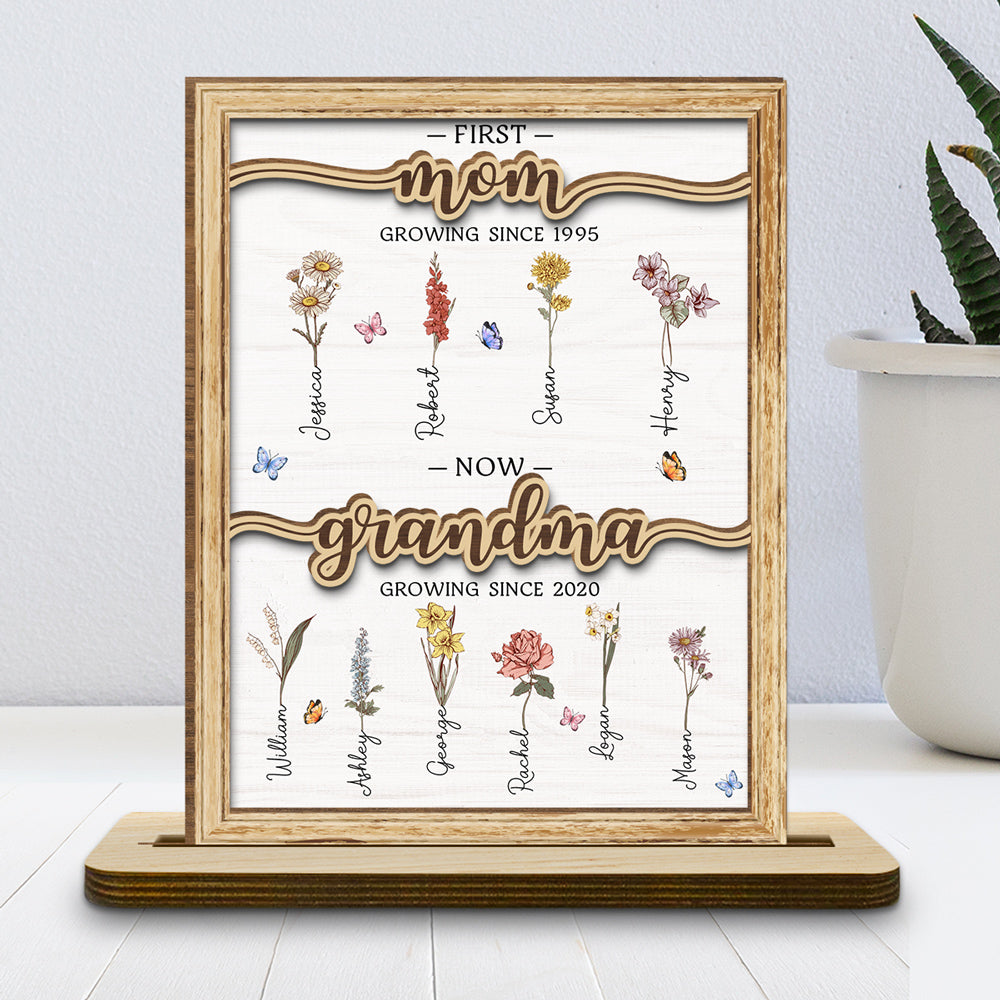First Mom Now Grandma - Personalized Custom 2-Layer Wood Plaque With Flat Base