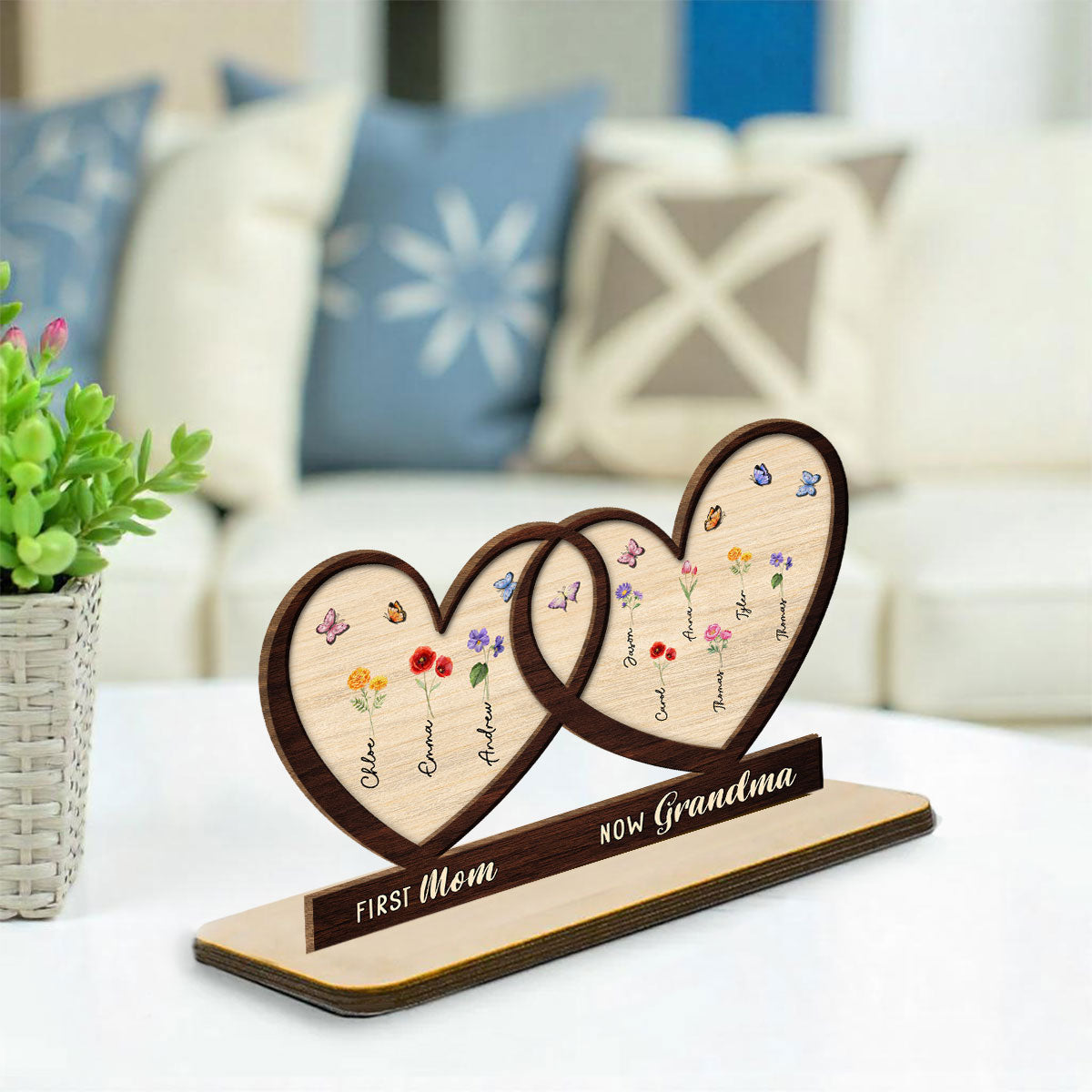 First Mom Now Grandma Flower -  Personalized Custom 2-Layer Wood Plaque With Flat Base