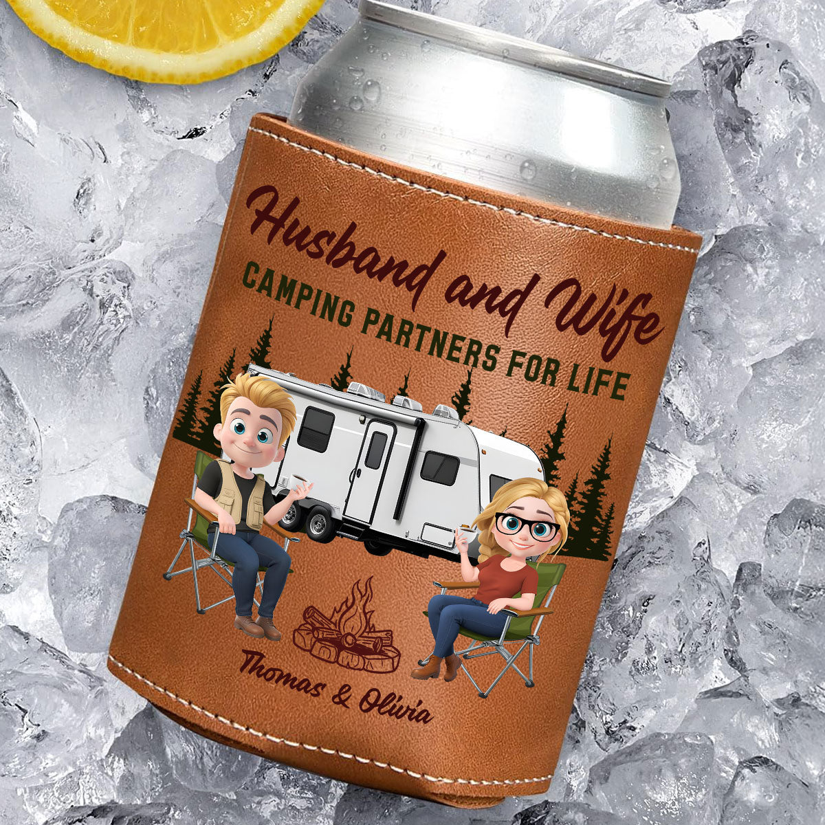 Camping Together For Life - Personalized Custom Leather Can Cooler Holder