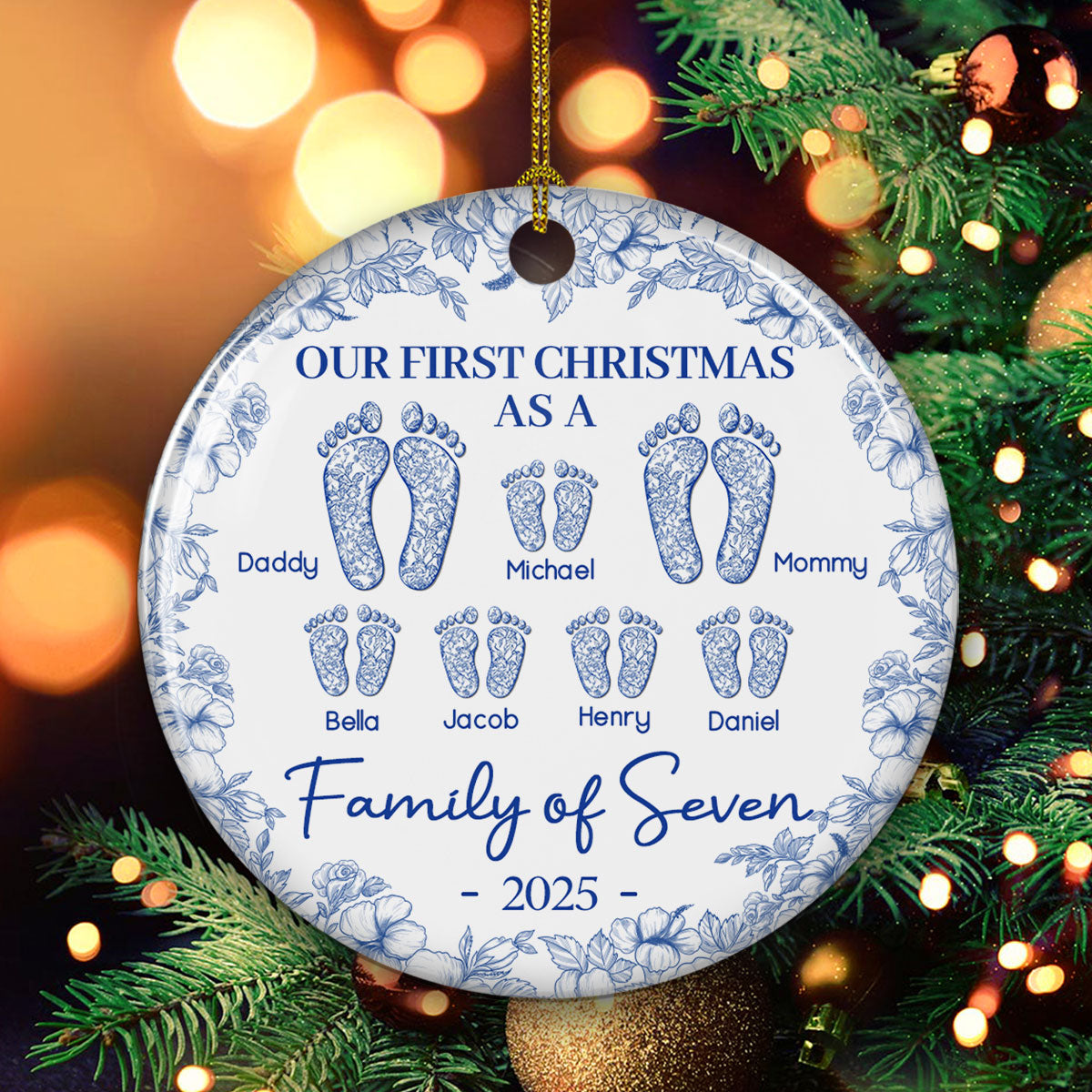 First Christmas As A Family Of Four Toile Footprints - Personalized Custom Ceramic Ornament