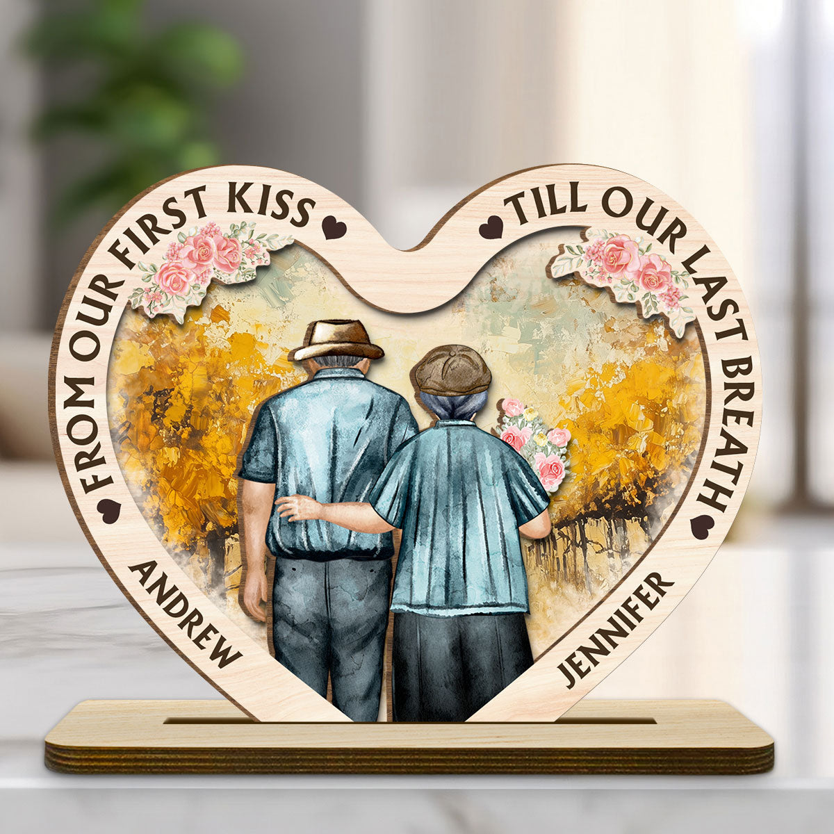 Our First Kiss - Personalized Custom 2-Layer Wood Plaque With Flat Base