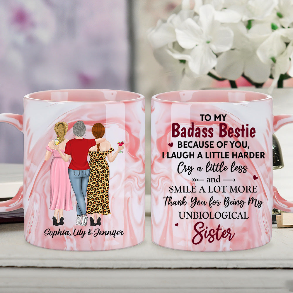 Because Of You I Laugh A Little Harder - Personalized Custom Pink Marble Mug