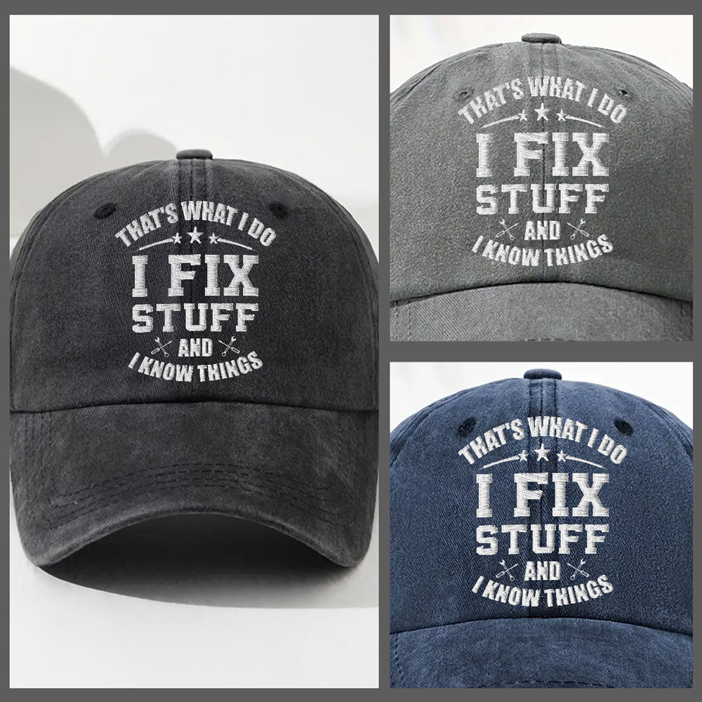 Fix Stuff And Know Things - Personalized Custom Vintage Washed Denim Cap