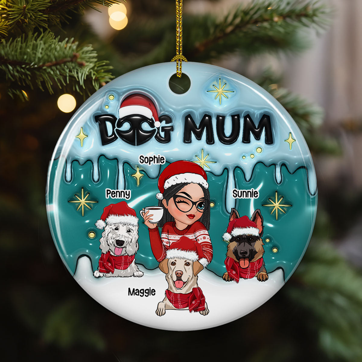 Holiday With Dog Mom - Personalized Custom 3D Inflated Effect Ceramic Ornament