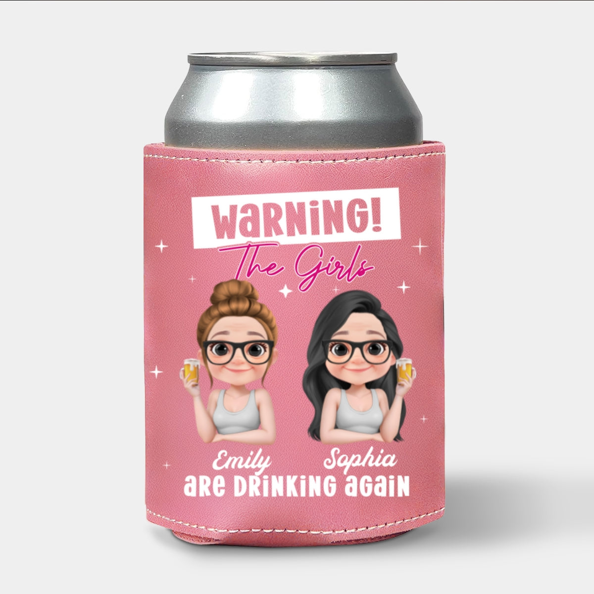 Drinking Alert - Personalized Custom Pink Leather Can Cooler Holder