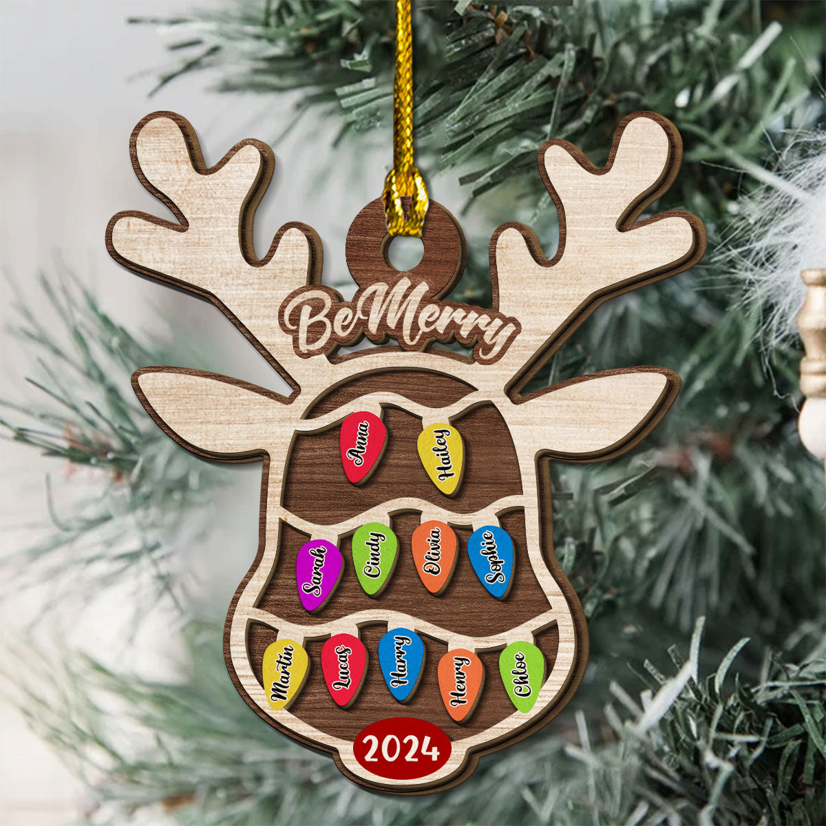 Reindeer Christmas Family Light - Personalized Custom 2-Layered Wood Ornament