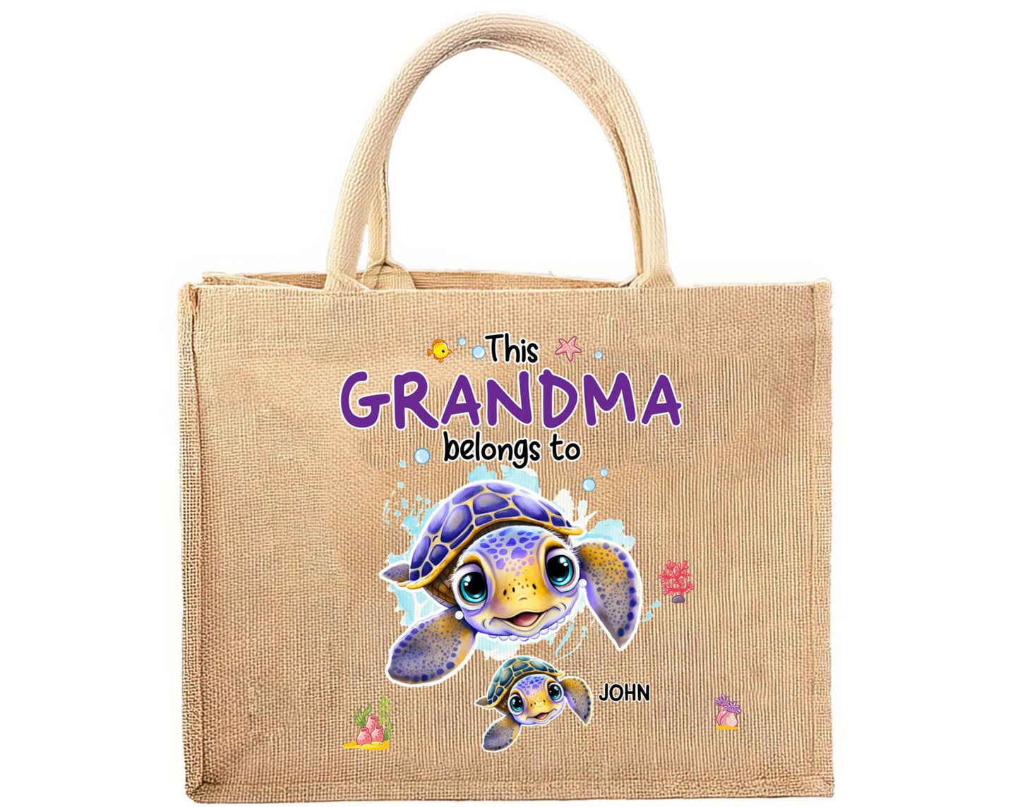 This Grandma Belongs To - Personalized Custom Jute Tote Bag