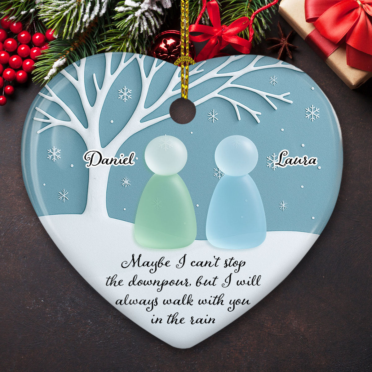 Walk With You In The Rain Sea Glass - Personalized Custom 3D Effect Heart Ceramic Ornament