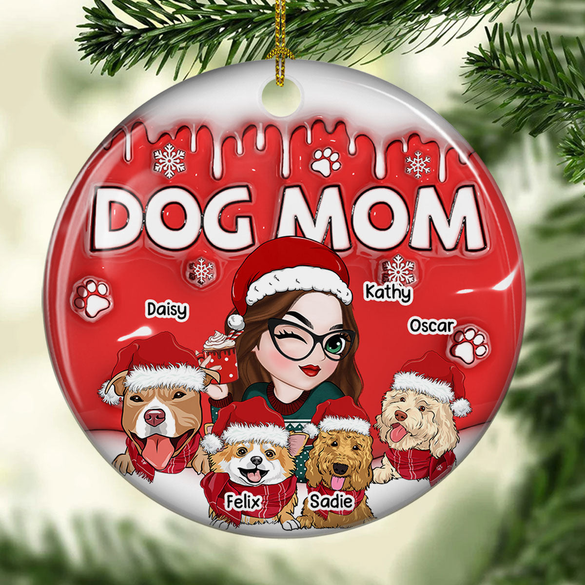 Dog Mom In Christmas - Personalized Custom 3D Inflated Effect Ceramic Ornament