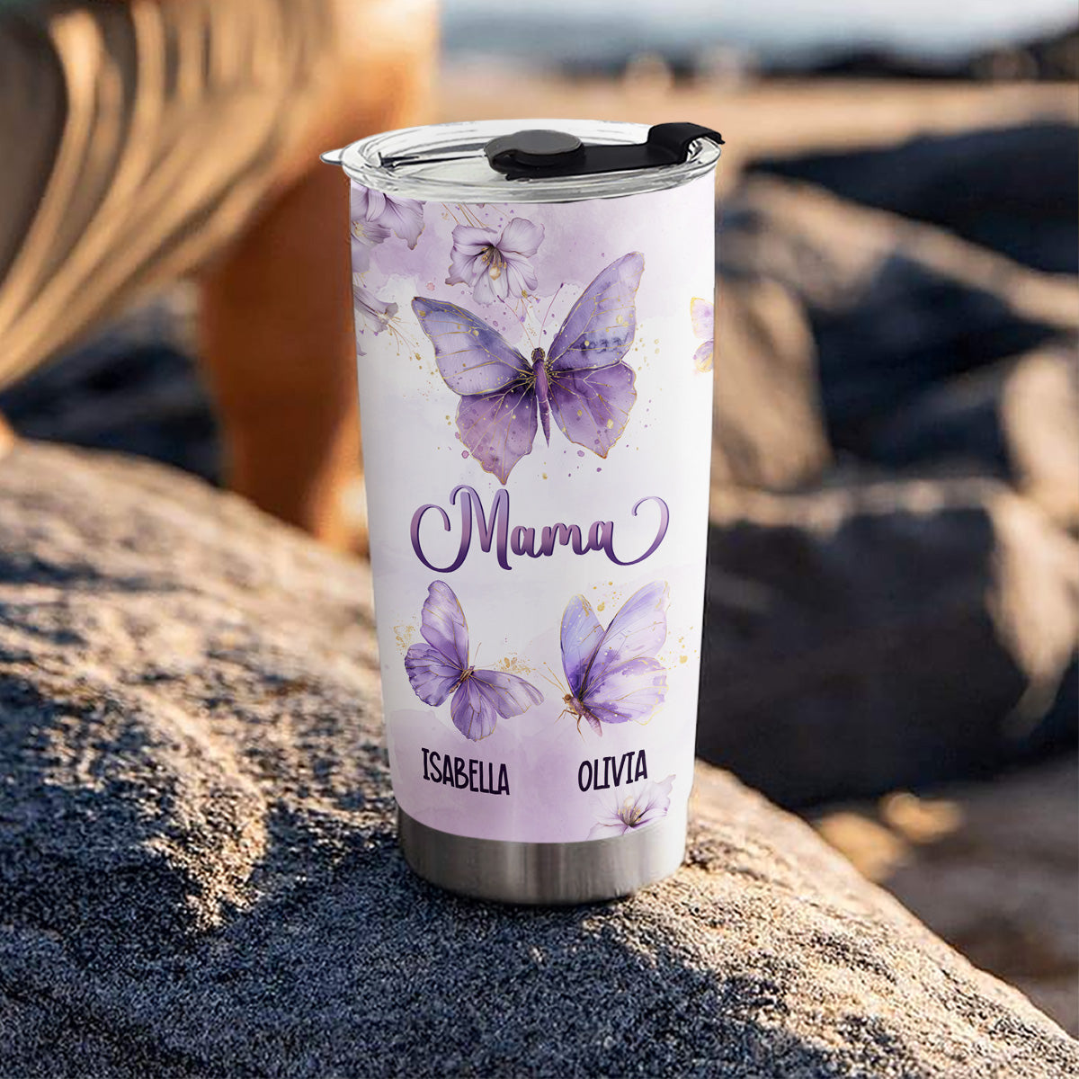 Grandma Purple Butterfly With Flower - Personalized Custom Tumbler
