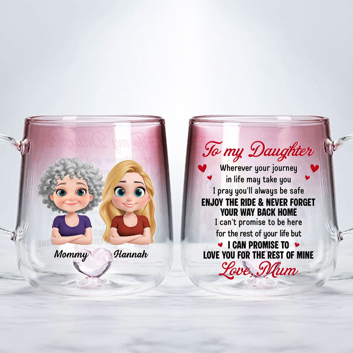 Mom To Daughter Enjoy The Ride - Personalized Custom Pink Gradient Glass Mug