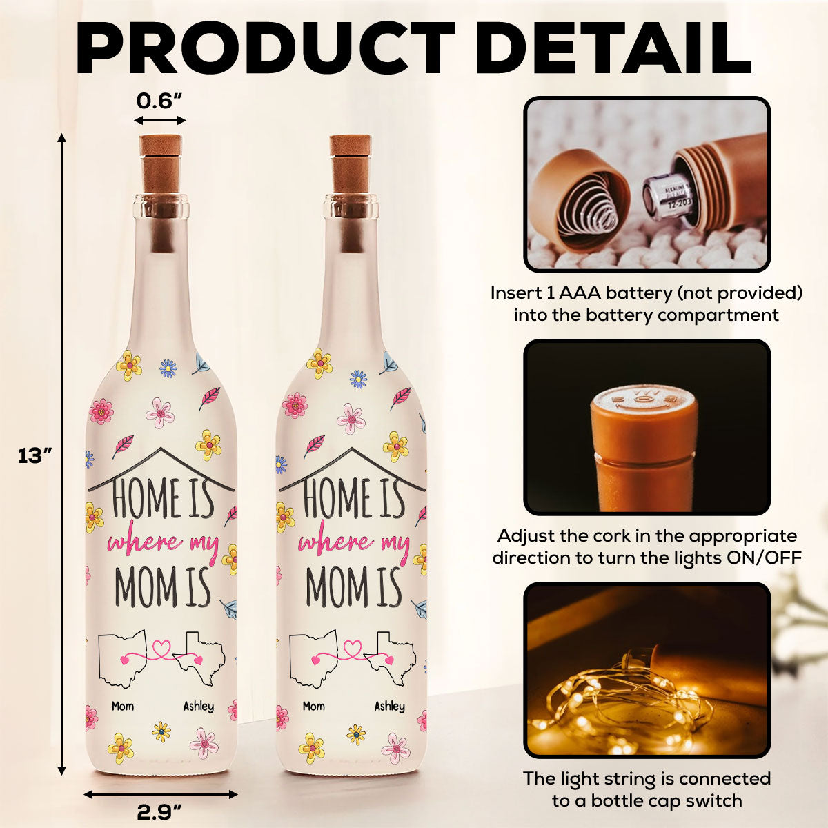 Home Is Where My Mom Is - Personalized Custom 3D Inflated Effect Bottle Lamp