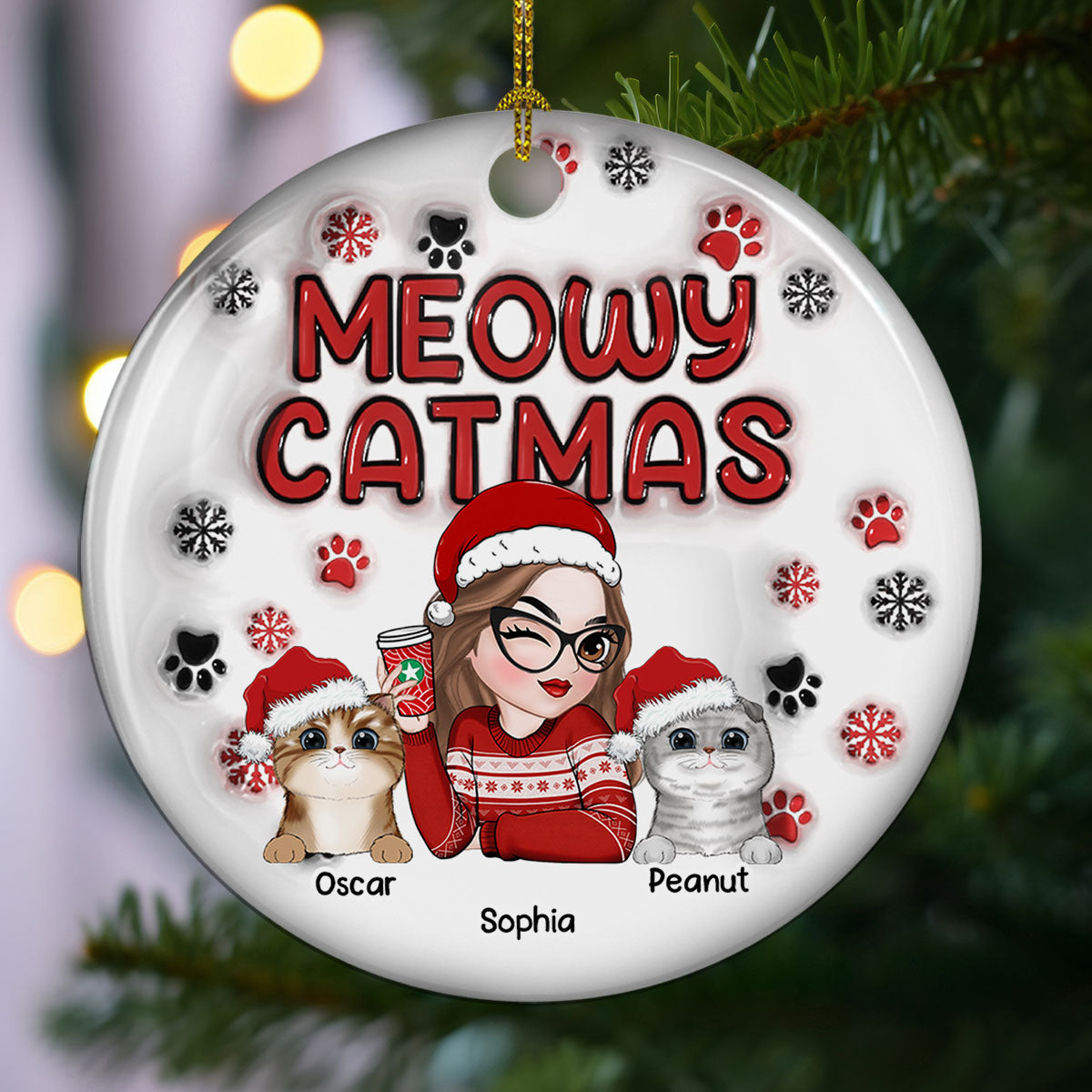 Meowy Catmas Cat Mom - Personalized Custom 3D Inflated Effect Ceramic Ornament