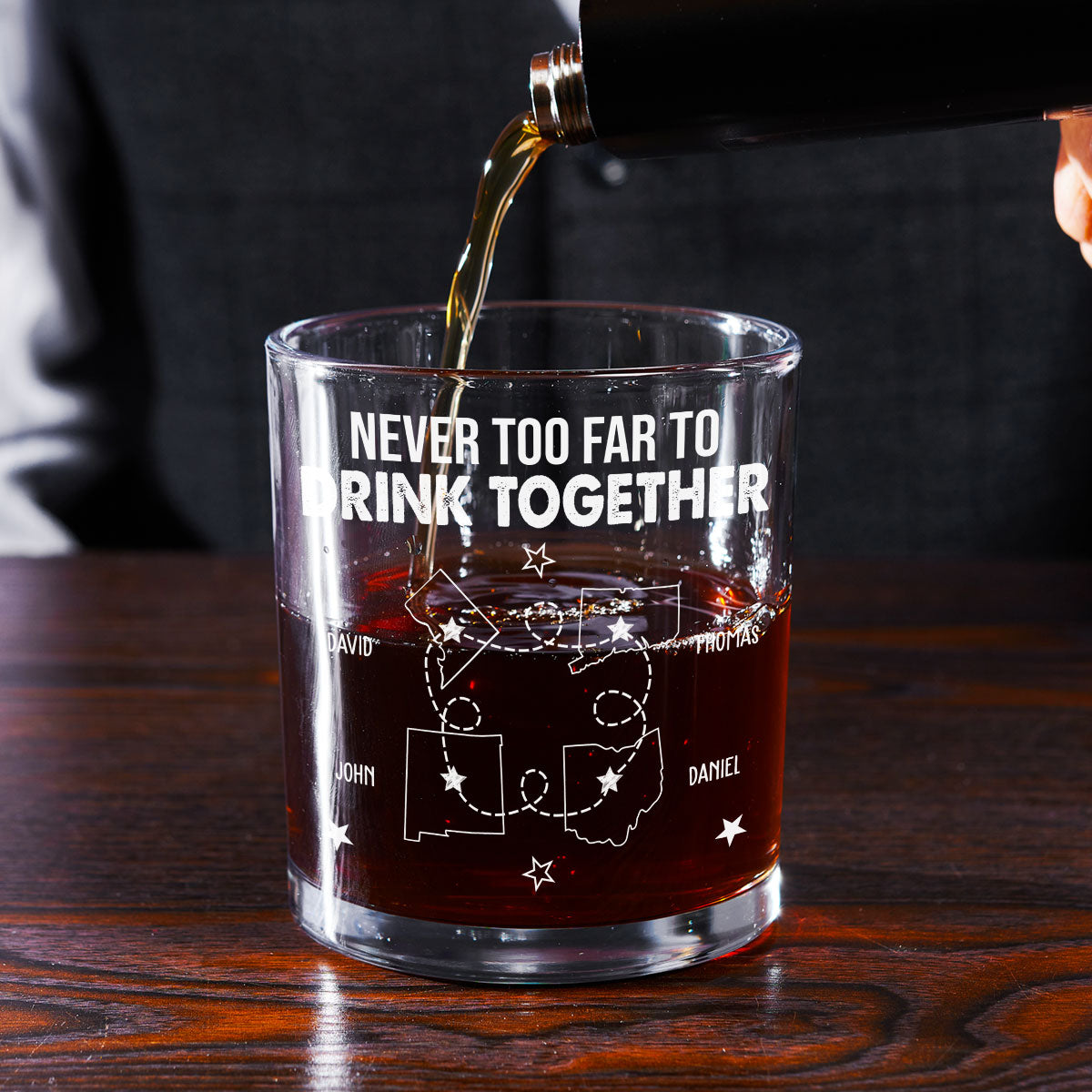 Never Too Far To Drink Together - Personalized Custom Whiskey Glass