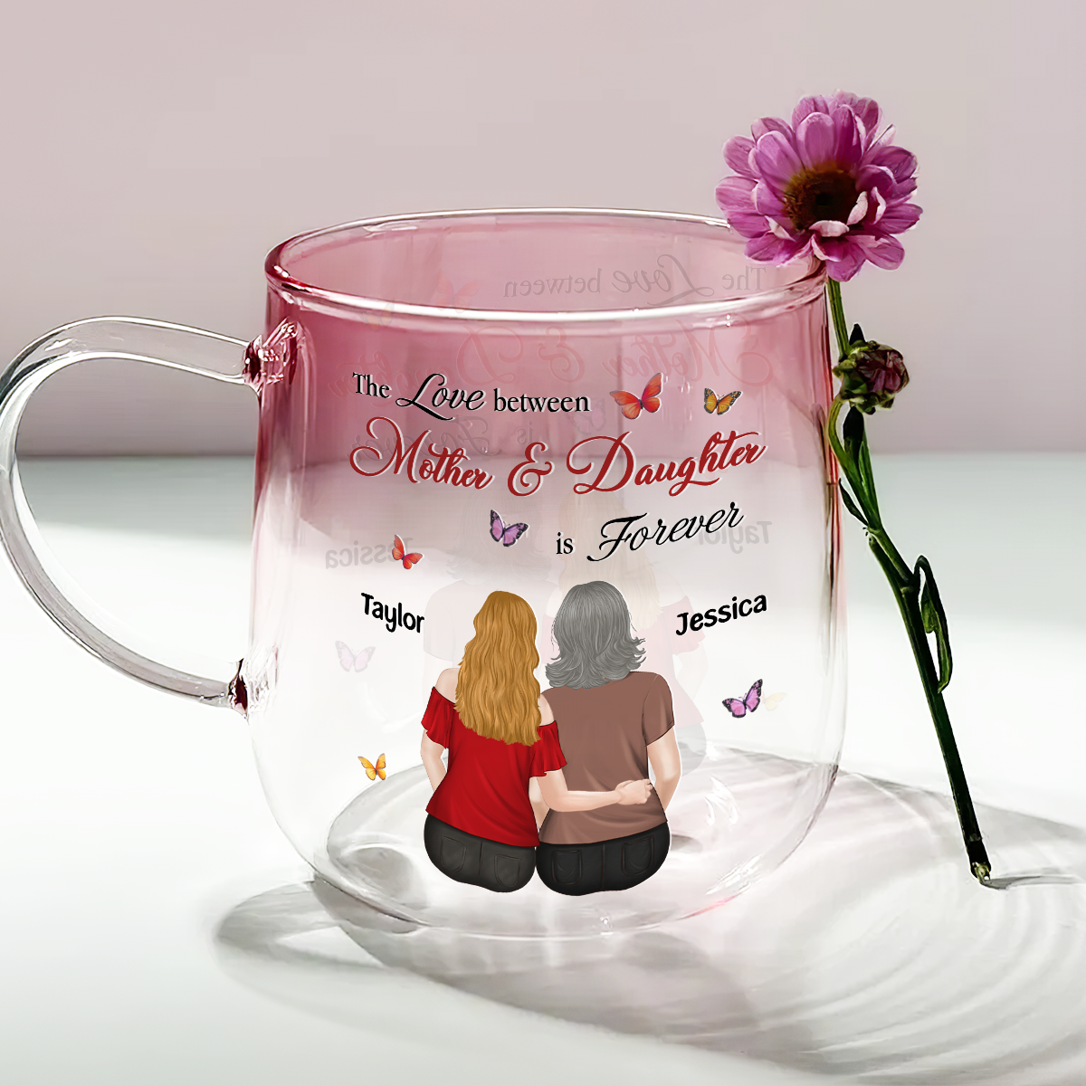 Mother And Daughter Love Forever - Personalized Custom Pink Gradient Glass Mug