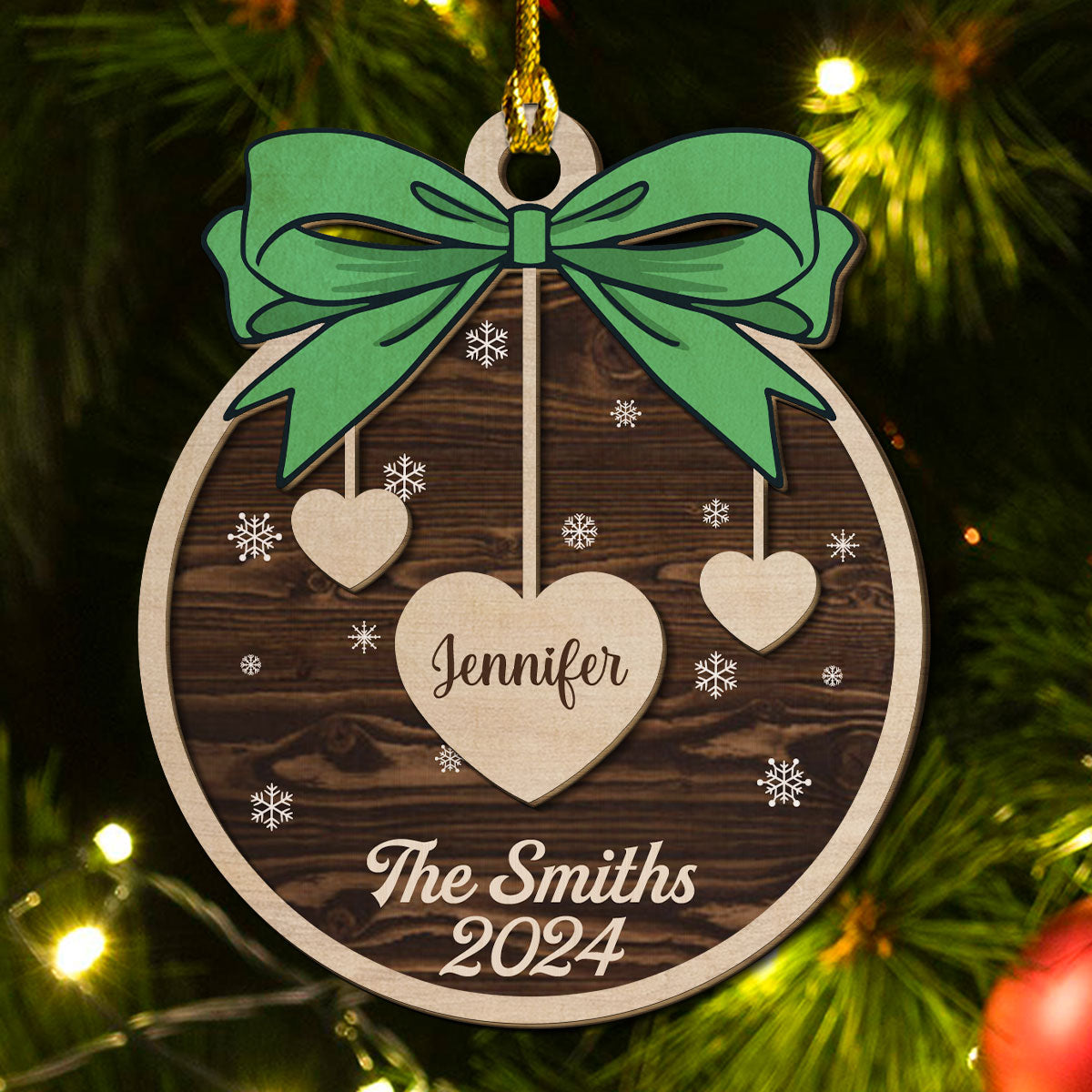 Bow, Name And Xmas - Personalized Custom 2-layered Wood Ornament