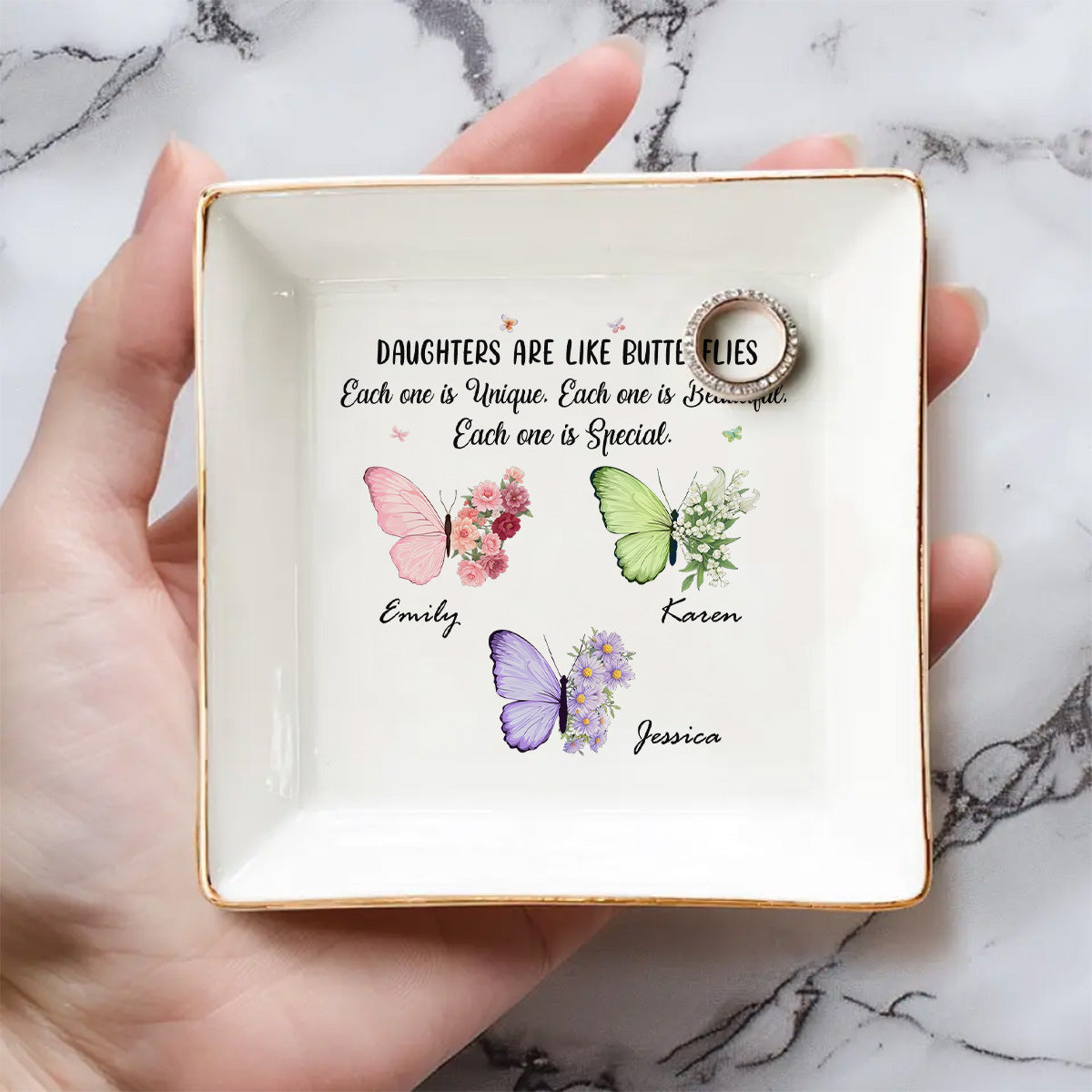 Butterflies Flutter Daughters Shine - Personalized Custom Jewelry Dish