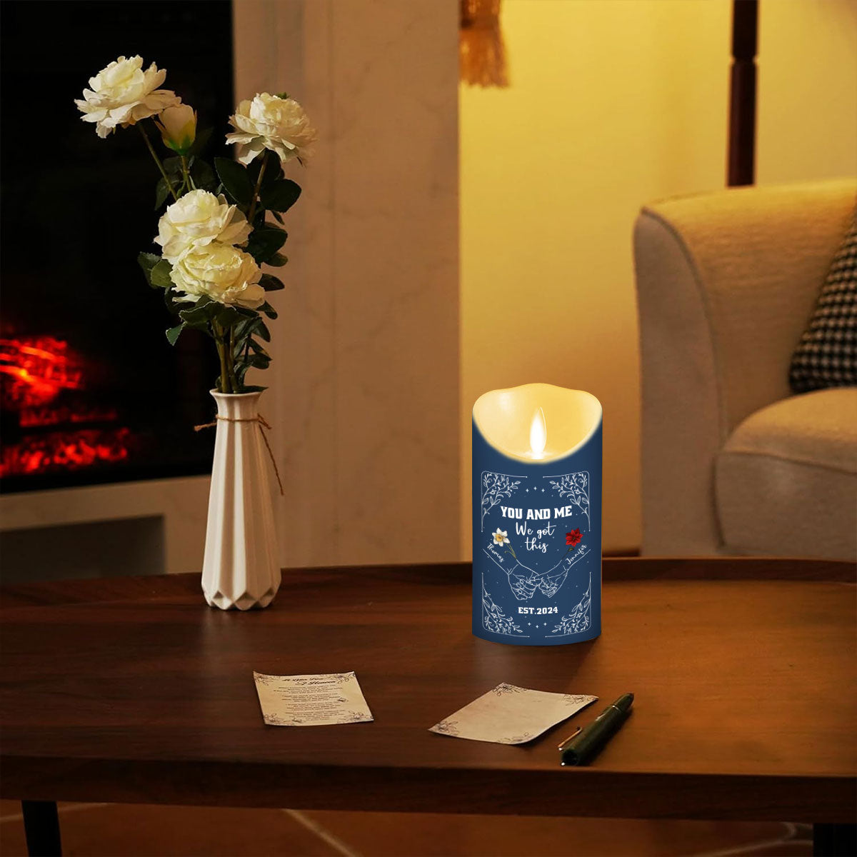 Birth Flower Hands In Hands - Personalized Custom LED Candle