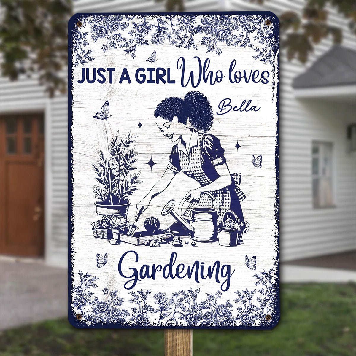 Gardening Blue Toile Style - Personalized Custom Metal Sign